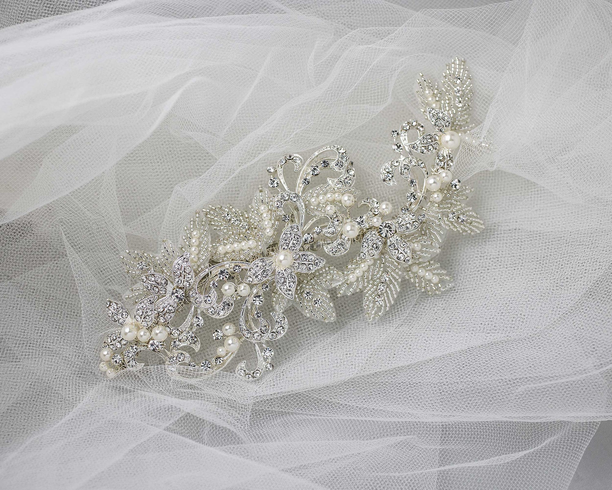 Wedding Headpiece of Pearls Scrolls and Beaded Leaves