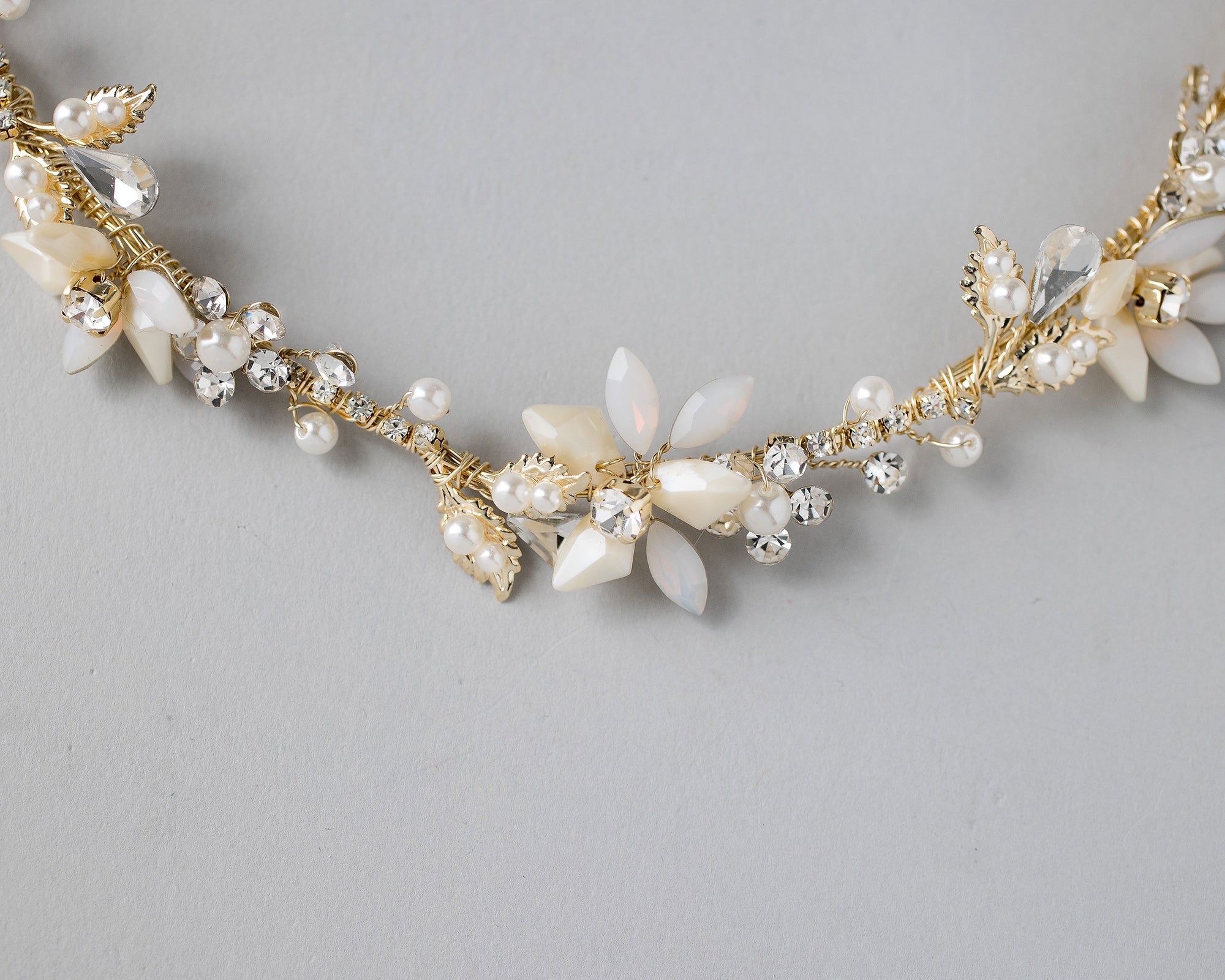 Gold Beaded Flower Bridal Headband with Opal Stones-Cassandra Lynne