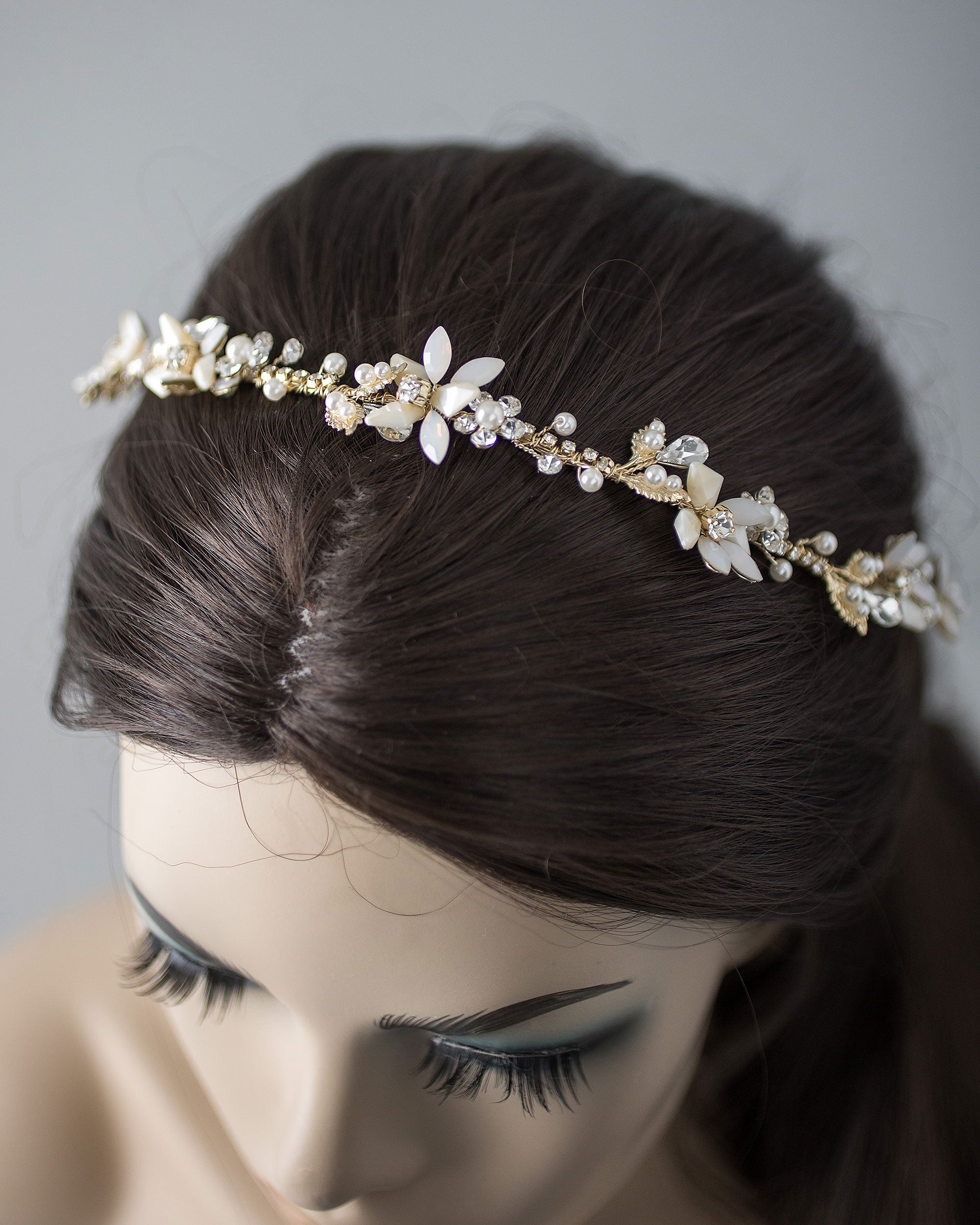 Gold Beaded Flower Bridal Headband with Opal Stones