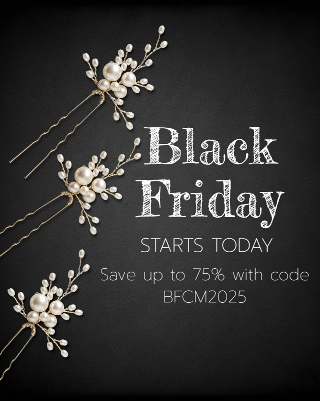 Pearl hairpins on a black background with Black Friday sale text.