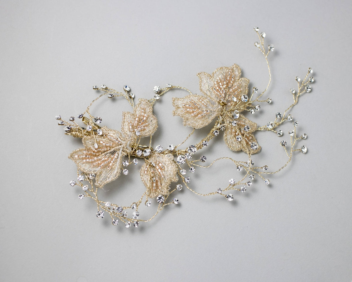Blush Beaded Lace Leaves Bridal Hair Clip - Hair Clips - Cassandra Lynne