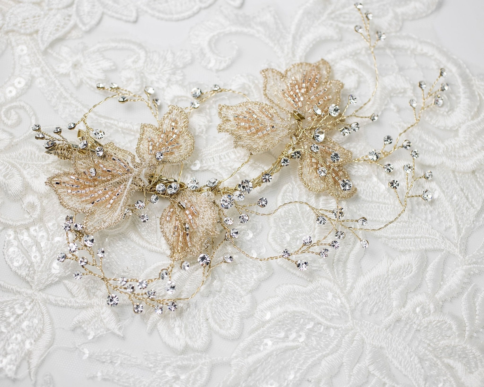 Blush Beaded Lace Leaves Bridal Hair Clip - Hair Clips - Cassandra Lynne