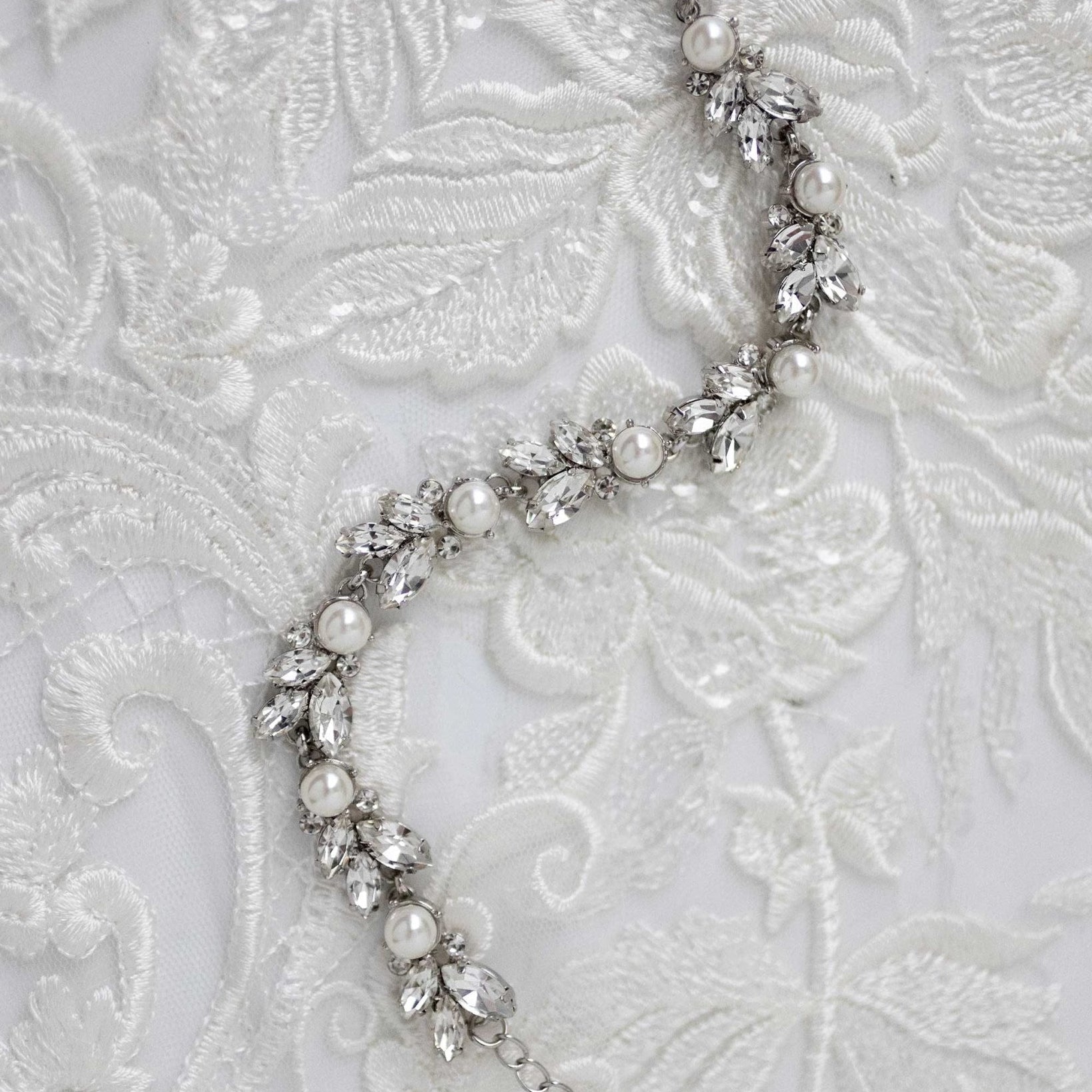 Bracelet of Pearl and Rhinestone Leaf - Bracelet - Cassandra Lynne