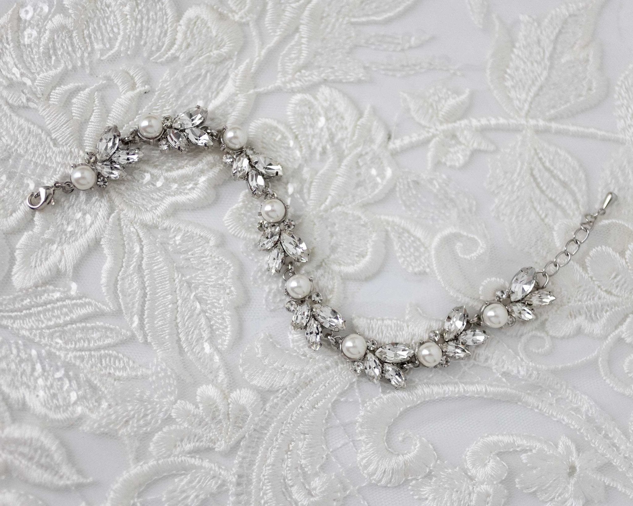 Bracelet of Pearl and Rhinestone Leaf - Bracelet - Cassandra Lynne