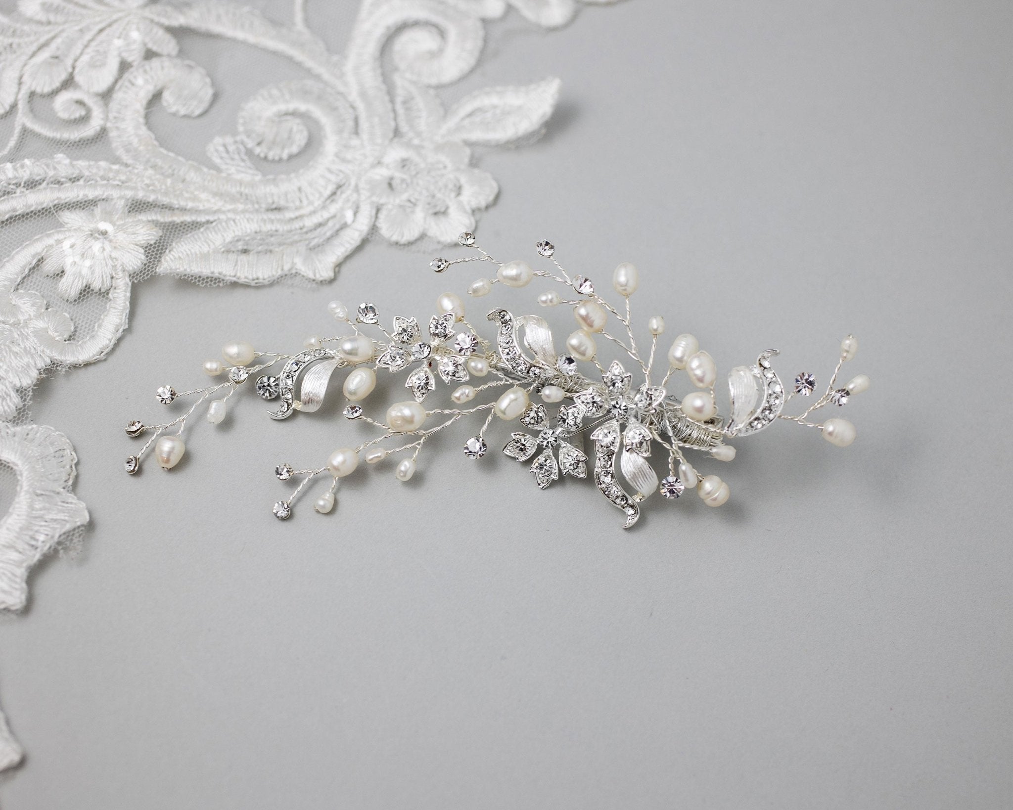 Bridal Clip of Dainty Silver Ribbons and Pearls - Hair Clips - Cassandra Lynne