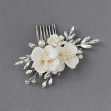 Bridal Comb of Matte Porcelain Flowers and Elongated Crystals - Hair Combs - Cassandra Lynne