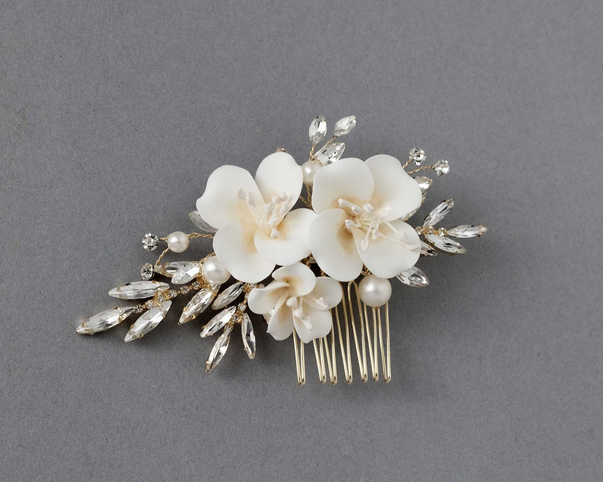Bridal Comb of Matte Porcelain Flowers and Elongated Crystals - Hair Combs - Cassandra Lynne