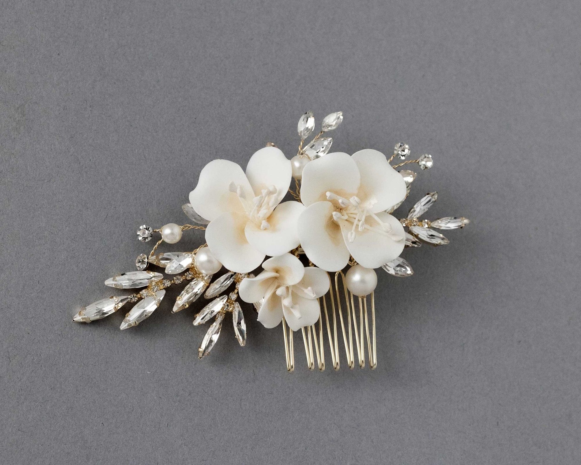 Bridal Comb of Matte Porcelain Flowers and Elongated Crystals - Hair Combs - Cassandra Lynne