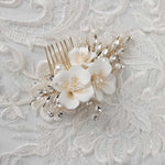 Bridal Comb of Matte Porcelain Flowers and Elongated Crystals - Hair Combs - Cassandra Lynne