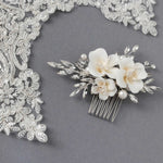Bridal Comb of Matte Porcelain Flowers and Elongated Crystals - Hair Combs - Cassandra Lynne