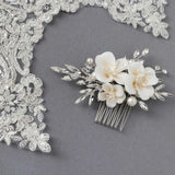Bridal Comb of Matte Porcelain Flowers and Elongated Crystals - Hair Combs - Cassandra Lynne