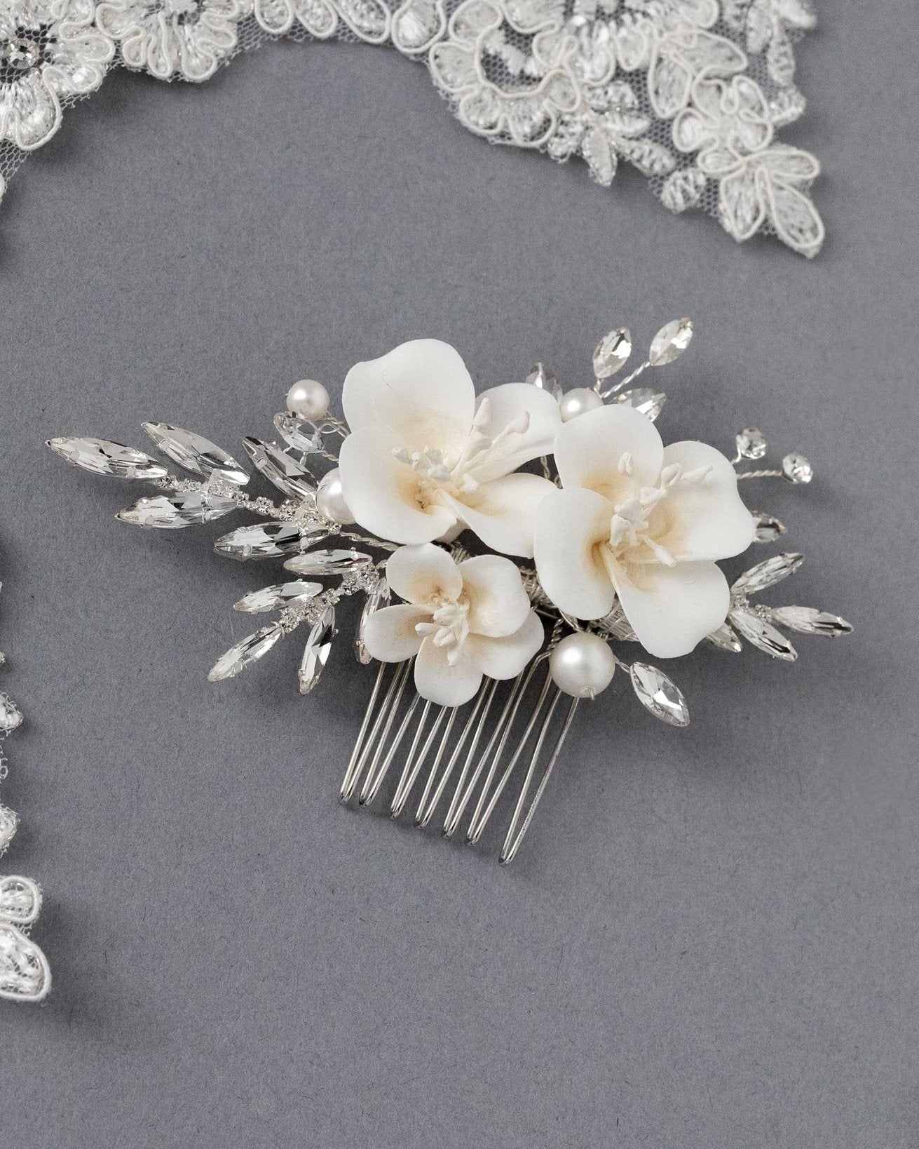 Bridal Comb of Matte Porcelain Flowers and Elongated Crystals - Hair Combs - Cassandra Lynne