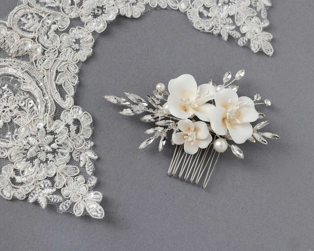 Bridal Comb of Matte Porcelain Flowers and Elongated Crystals - Hair Combs - Cassandra Lynne