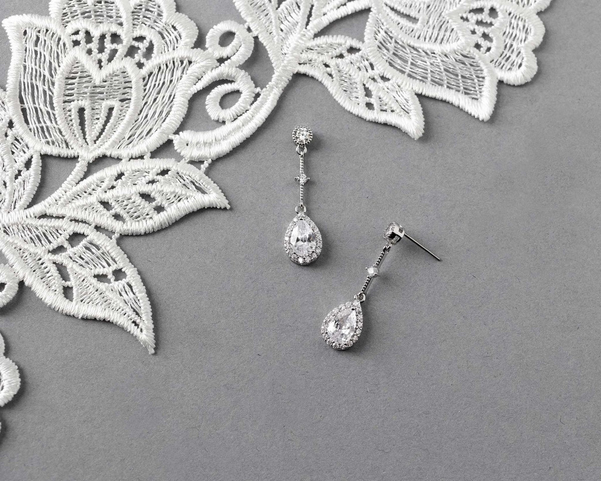 Bridal Earrings of Pave Pear Linked Drops - Earrings - Cassandra Lynne