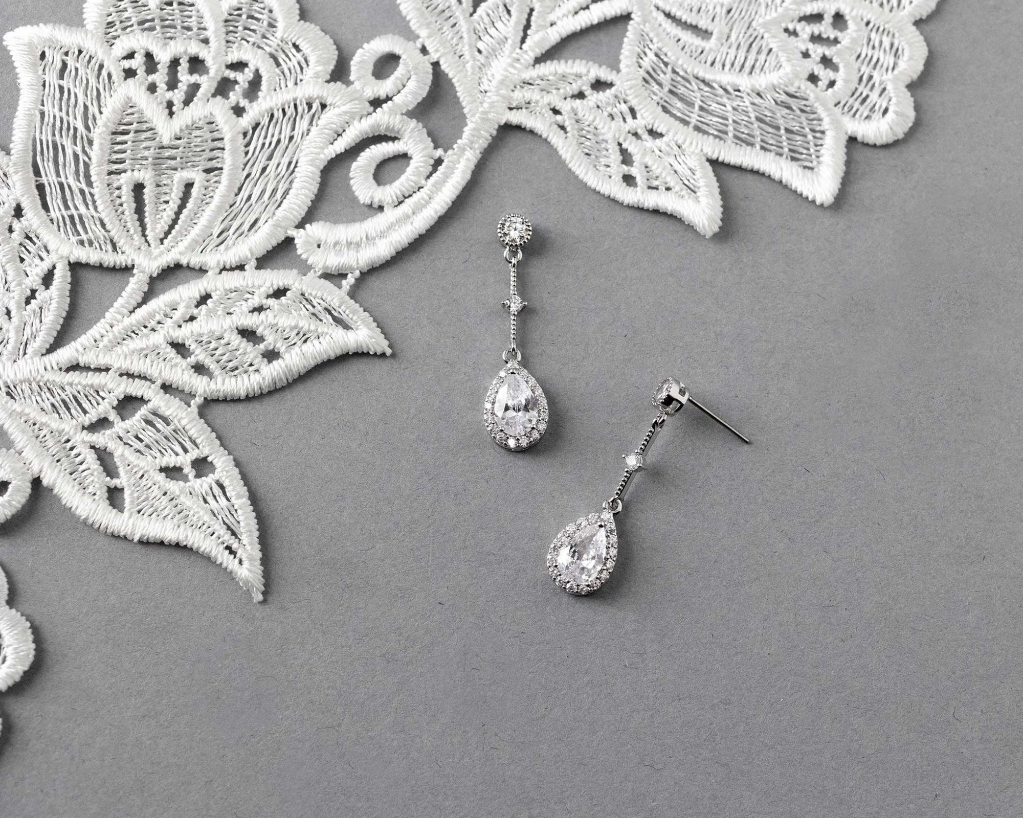 Bridal Earrings of Pave Pear Linked Drops - Earrings - Cassandra Lynne