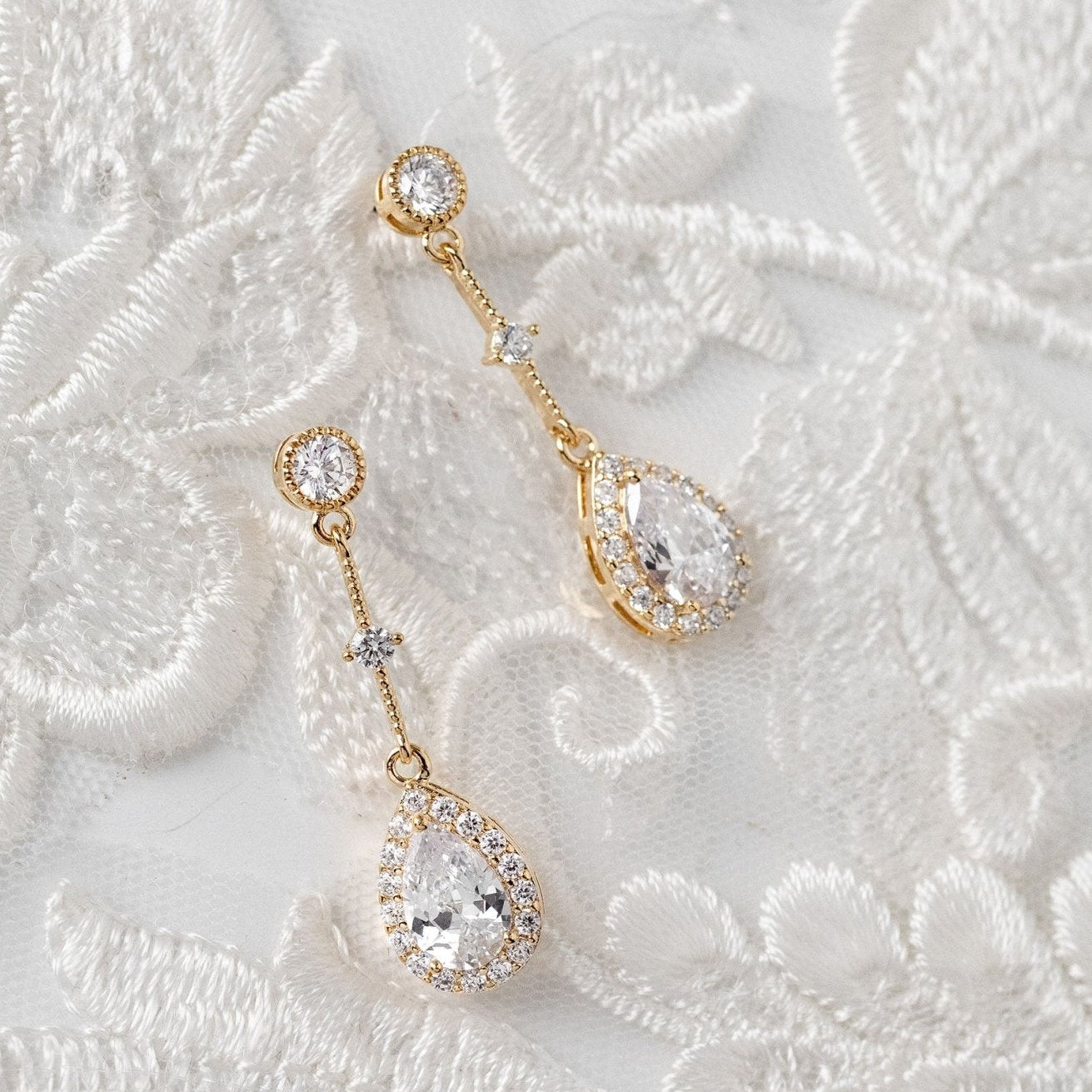 Bridal Earrings of Pave Pear Linked Drops - Earrings - Cassandra Lynne