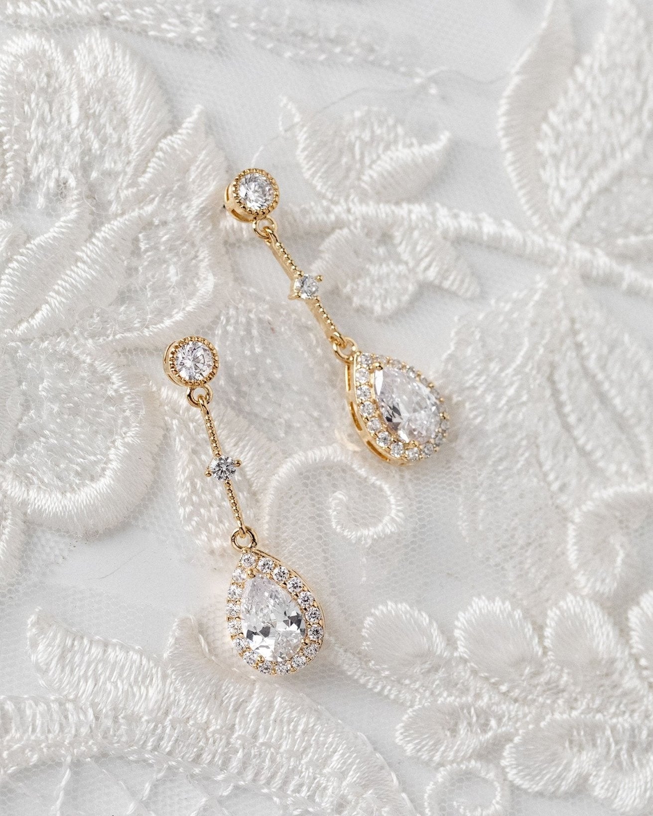 Bridal Earrings of Pave Pear Linked Drops - Earrings - Cassandra Lynne