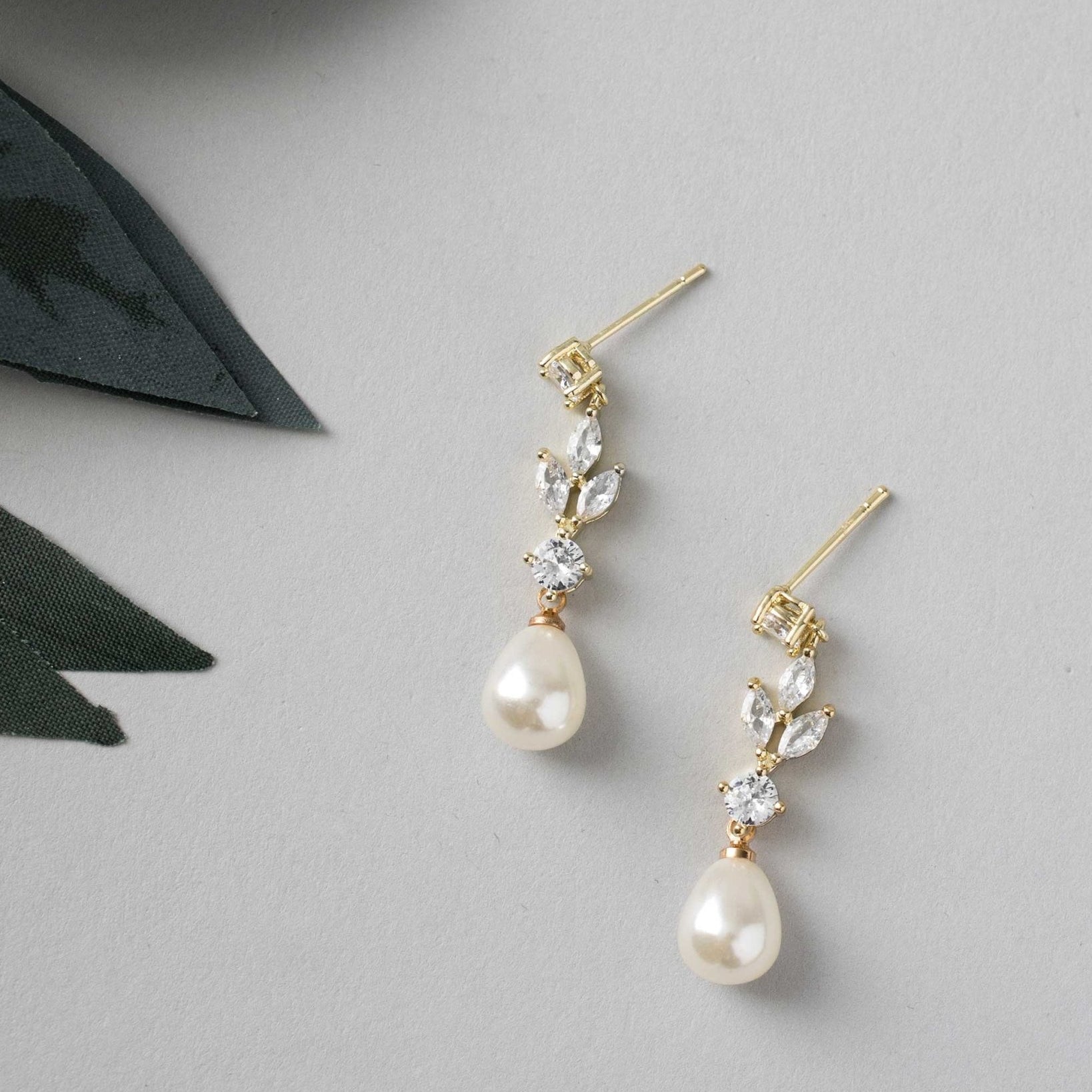 Bridal Earrings of Teardrop Pearls and CZ - Earrings - Cassandra Lynne