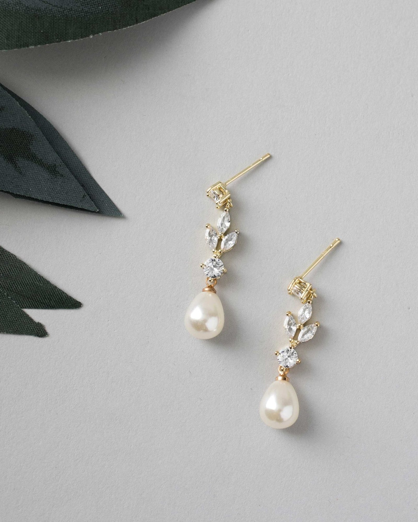 Bridal Earrings of Teardrop Pearls and CZ - Earrings - Cassandra Lynne