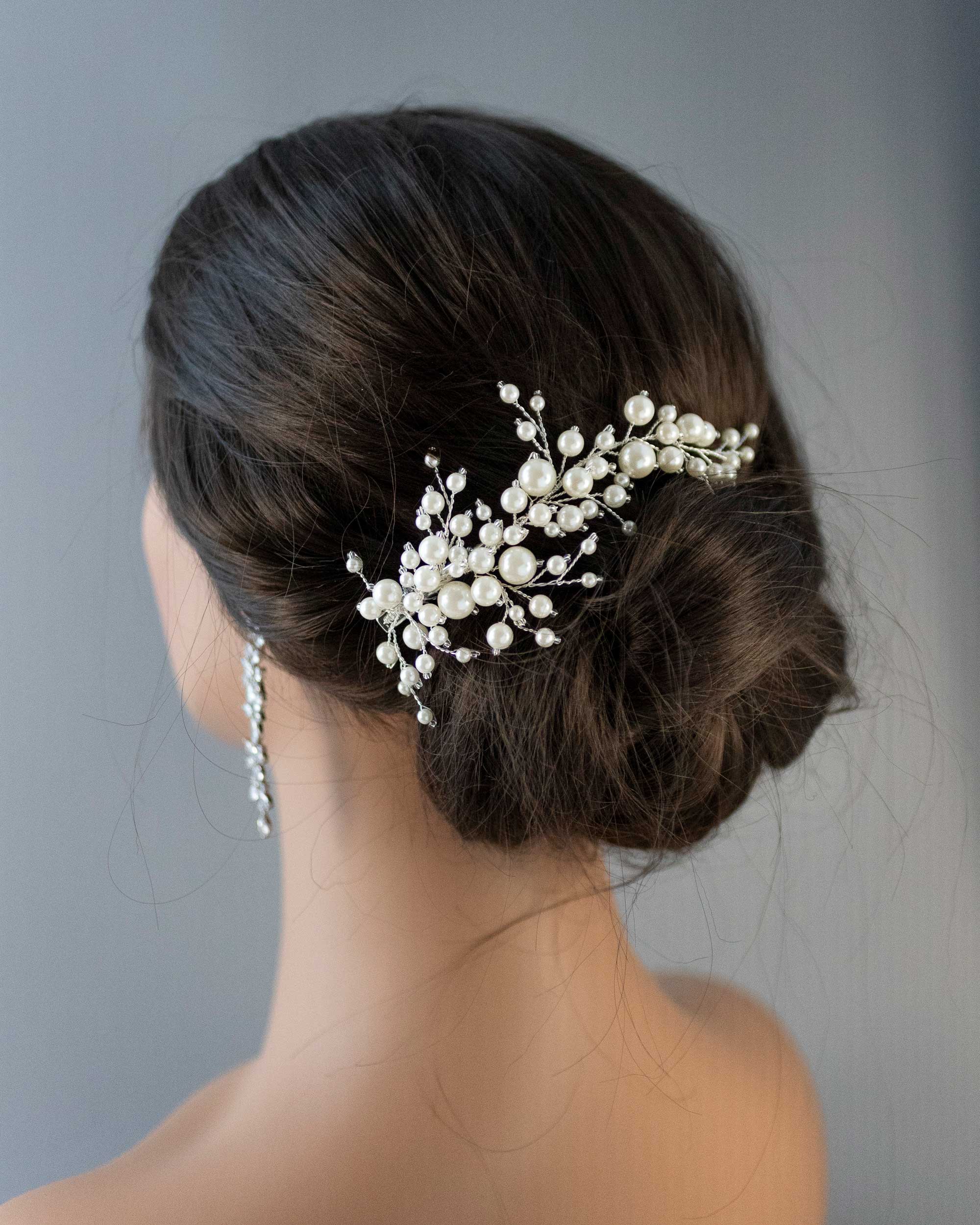 Bridal Hair Clip of Ivory Pearls and Glass Beads- Cassandra Lynne