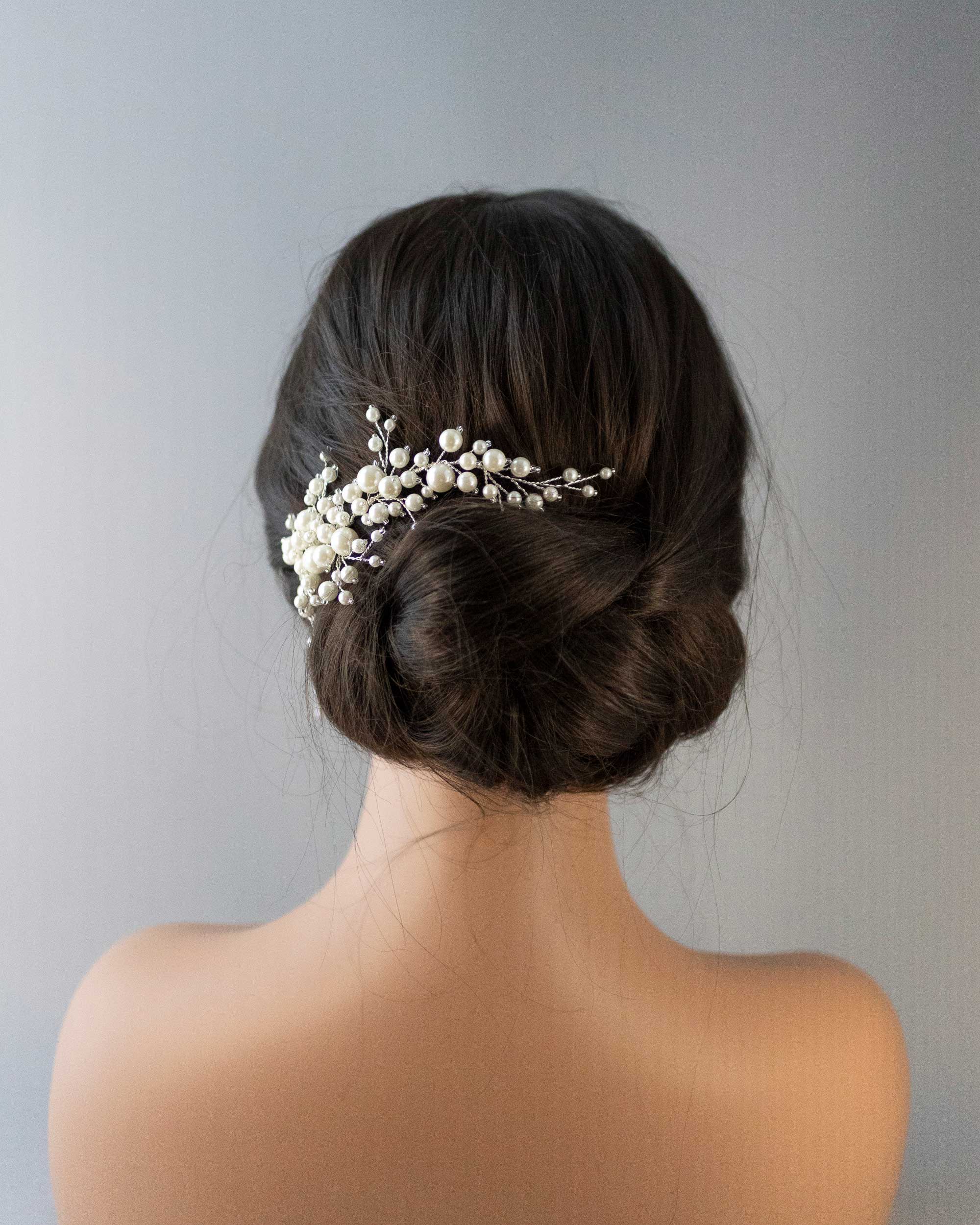 Bridal Hair Clip of Ivory Pearls and Glass Beads- Cassandra Lynne