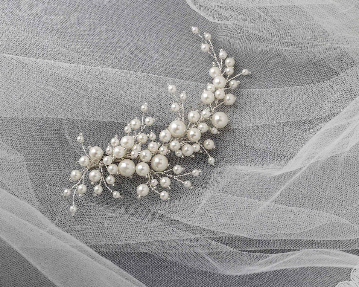 Bridal Hair Clip of Ivory Pearls and Glass Beads- Cassandra Lynne