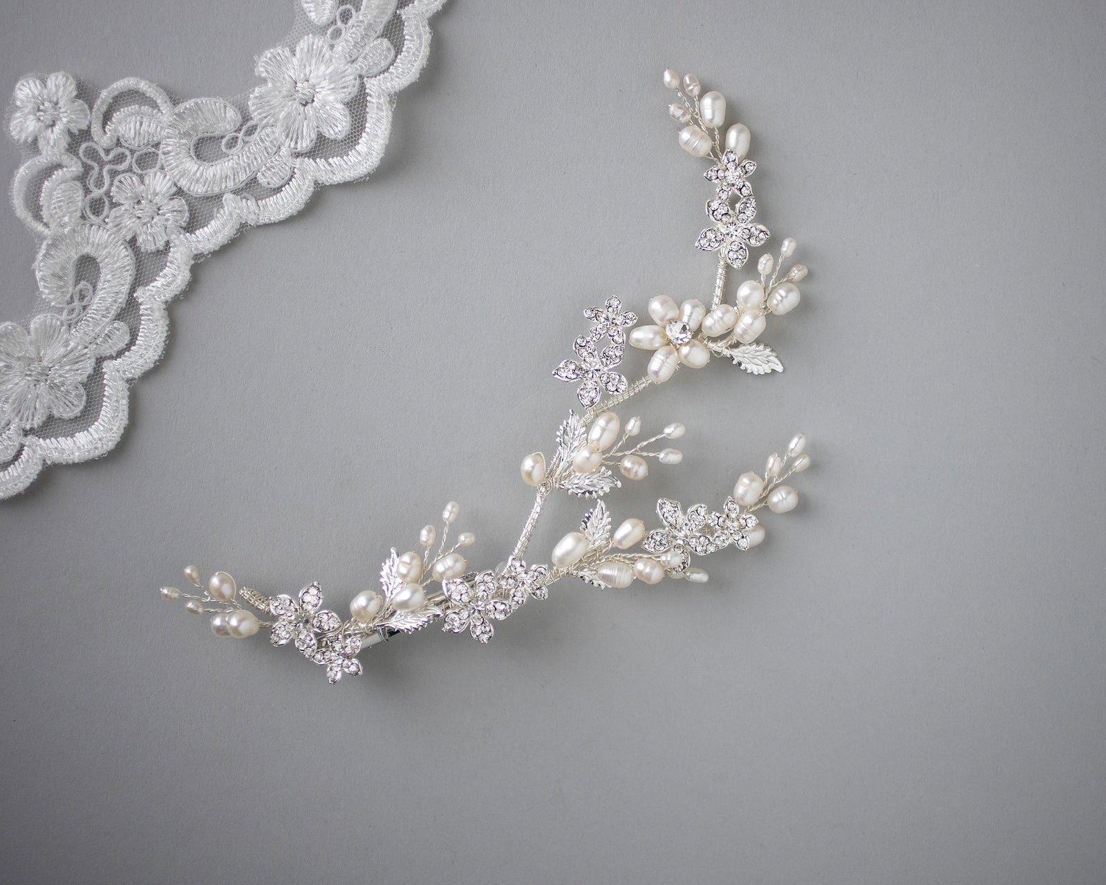 Pearl Bridal Vine Clip with Crystal Flowers - Cassandra Lynne