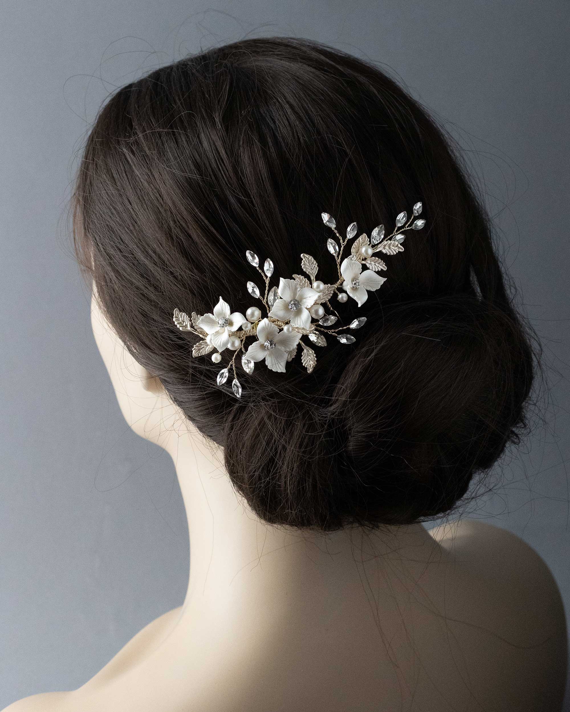 Leafy Bridal Hair Comb with Porcelain Flowers