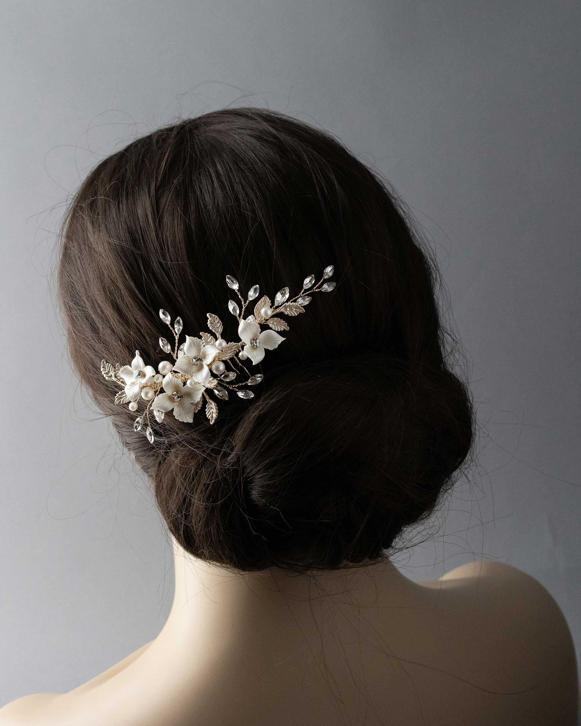 Leafy Bridal Hair Comb with Porcelain Flowers