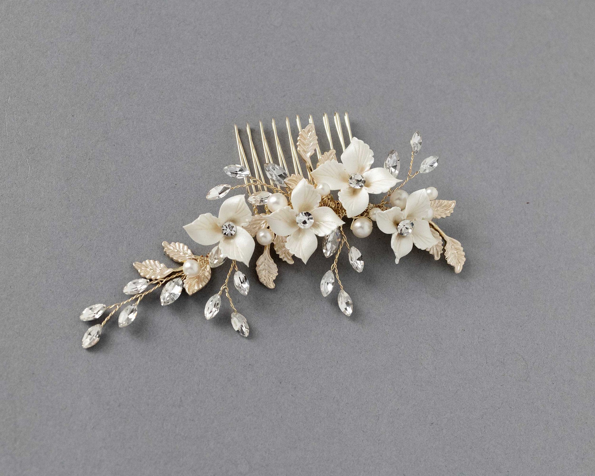 Leafy Bridal Hair Comb with Porcelain Flowers