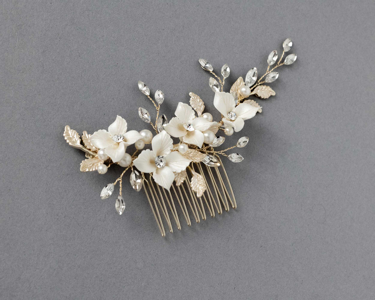 Leafy Bridal Hair Comb with Porcelain Flowers