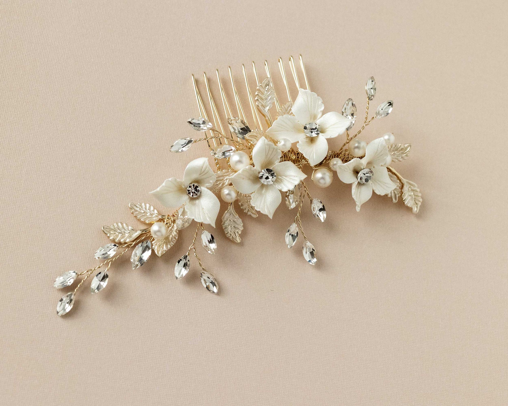 Leafy Bridal Hair Comb with Porcelain Flowers