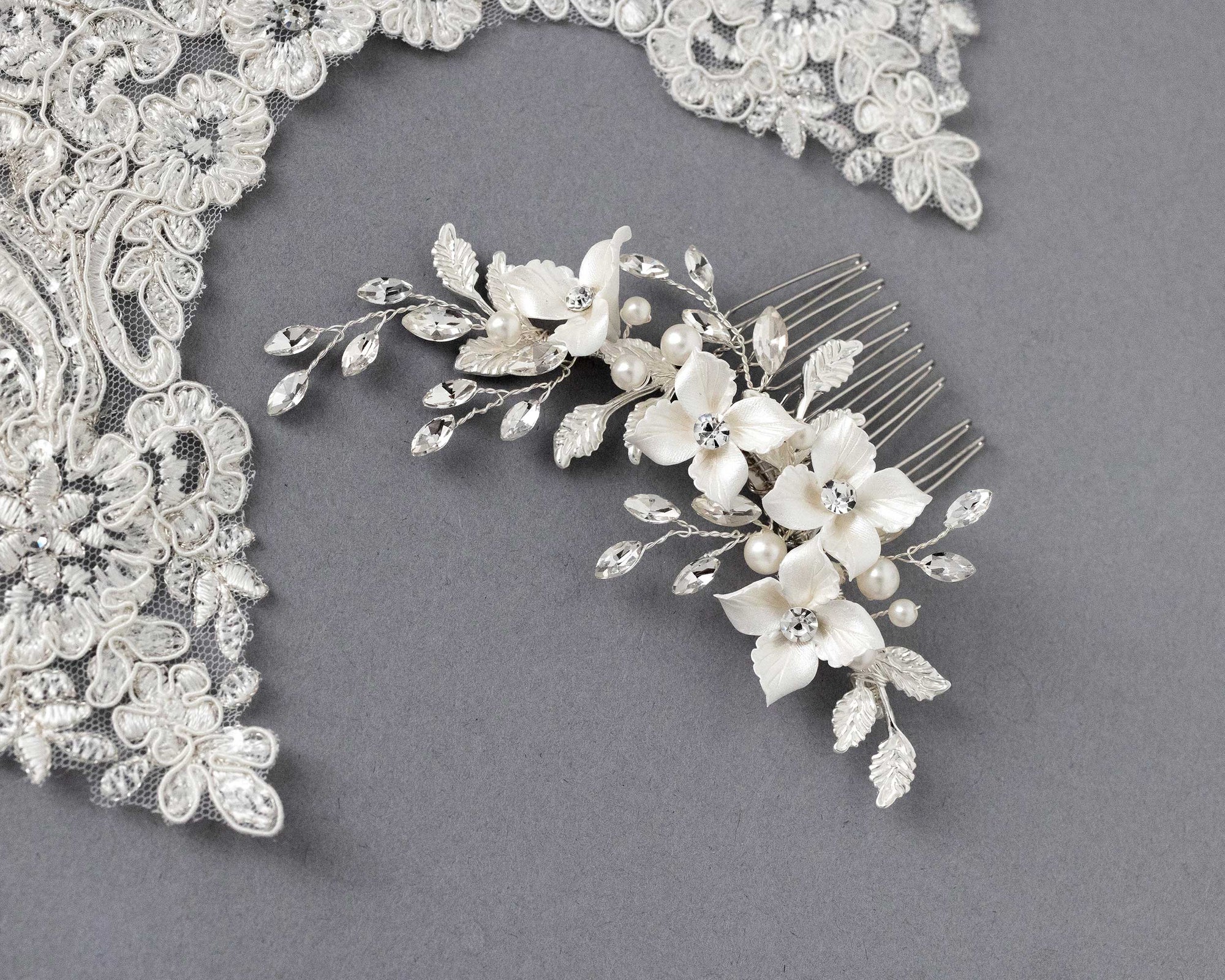 Leafy Bridal Hair Comb with Porcelain Flowers