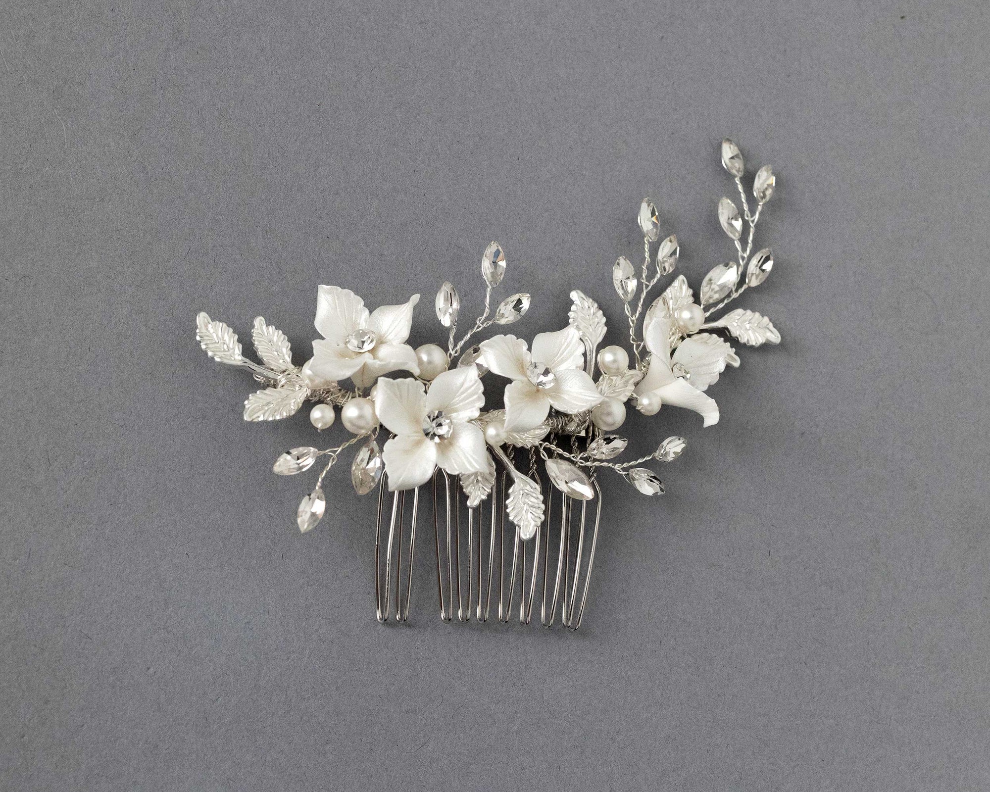 Leafy Bridal Hair Comb with Porcelain Flowers