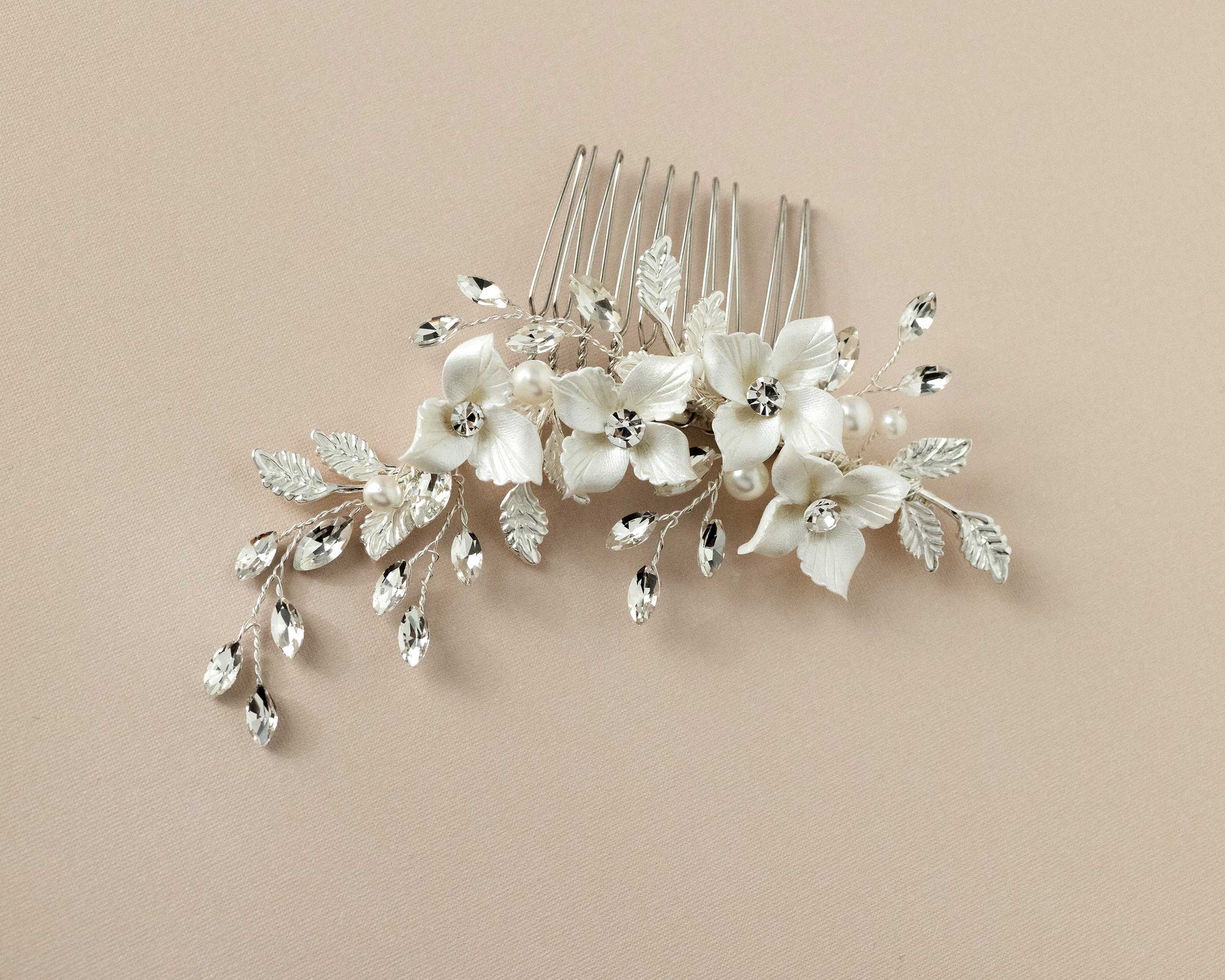 Leafy Bridal Hair Comb with Porcelain Flowers