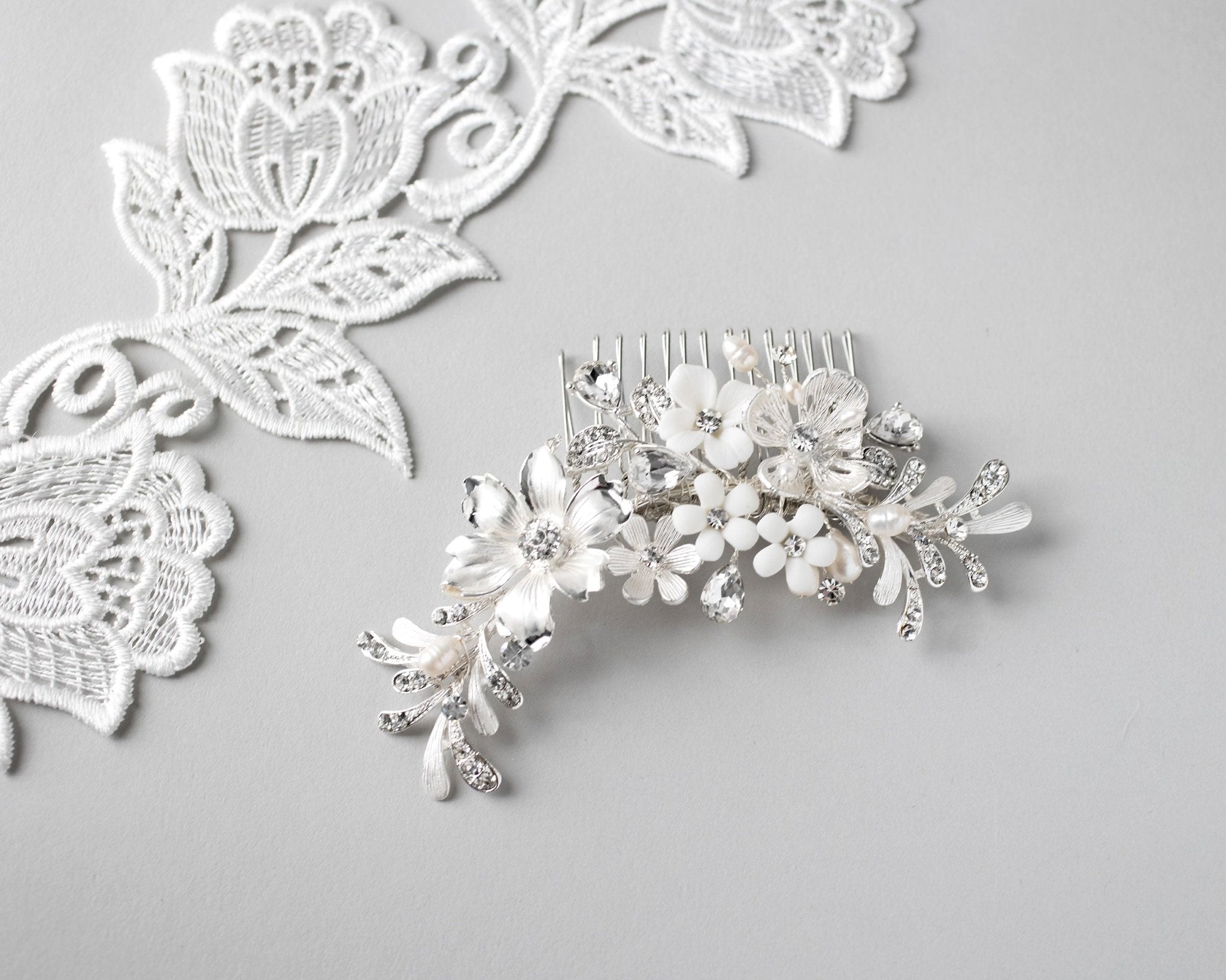 Bridal Hair Comb of Porcelain Flowers and Pearls - Hair Comb - Cassandra Lynne