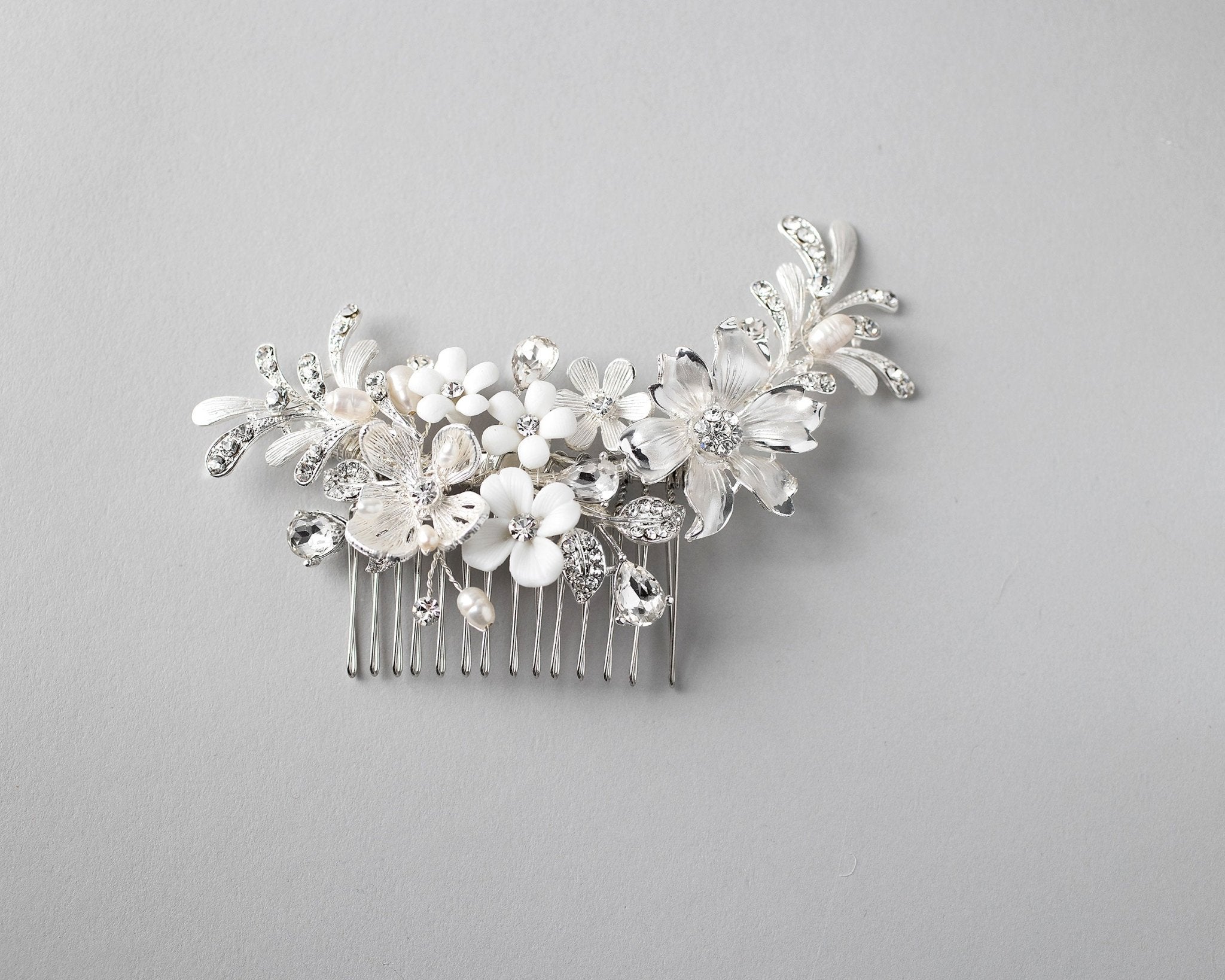 Bridal Hair Comb of Porcelain Flowers and Pearls - Hair Comb - Cassandra Lynne