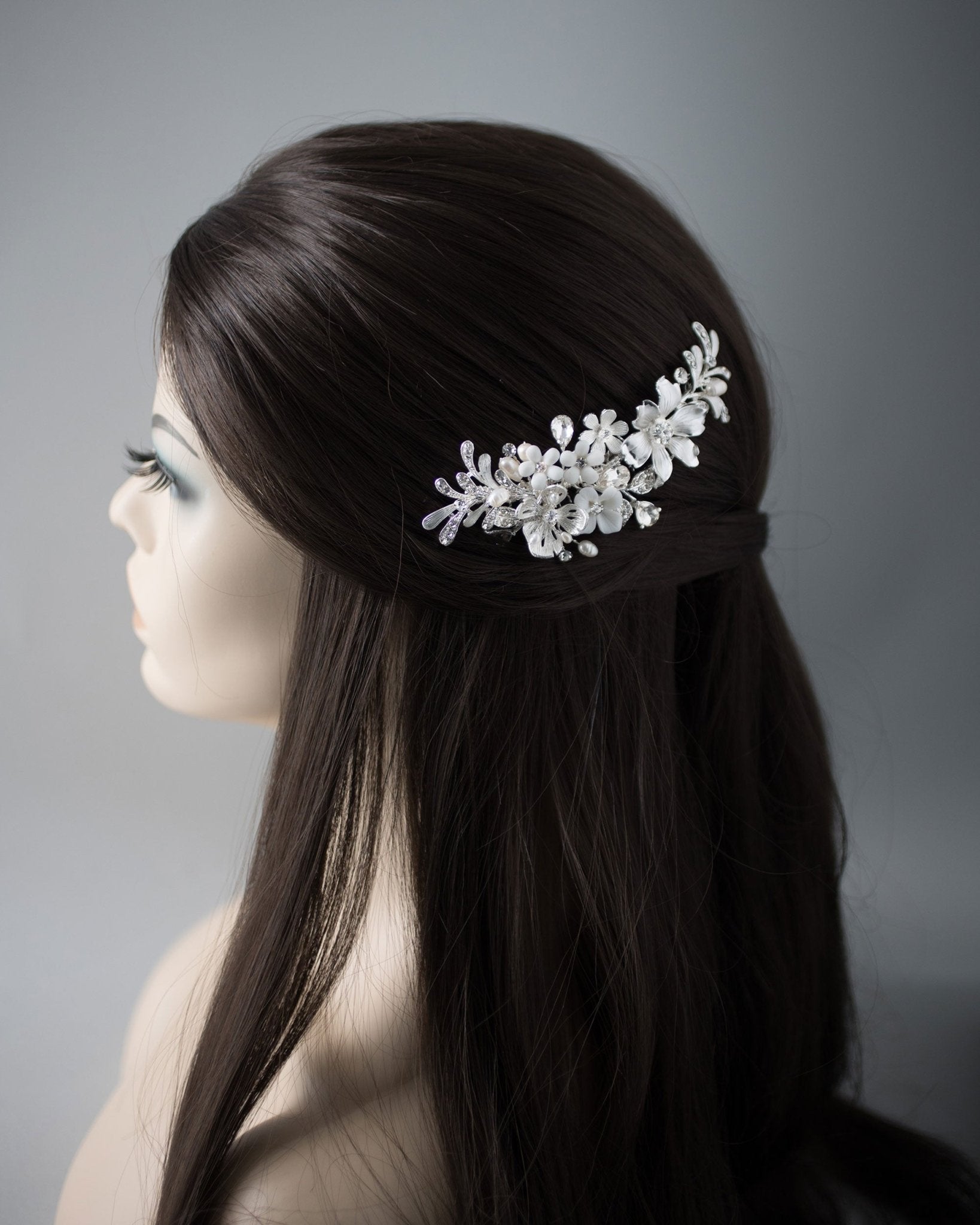 Bridal Hair Comb of Porcelain Flowers and Pearls - Hair Comb - Cassandra Lynne
