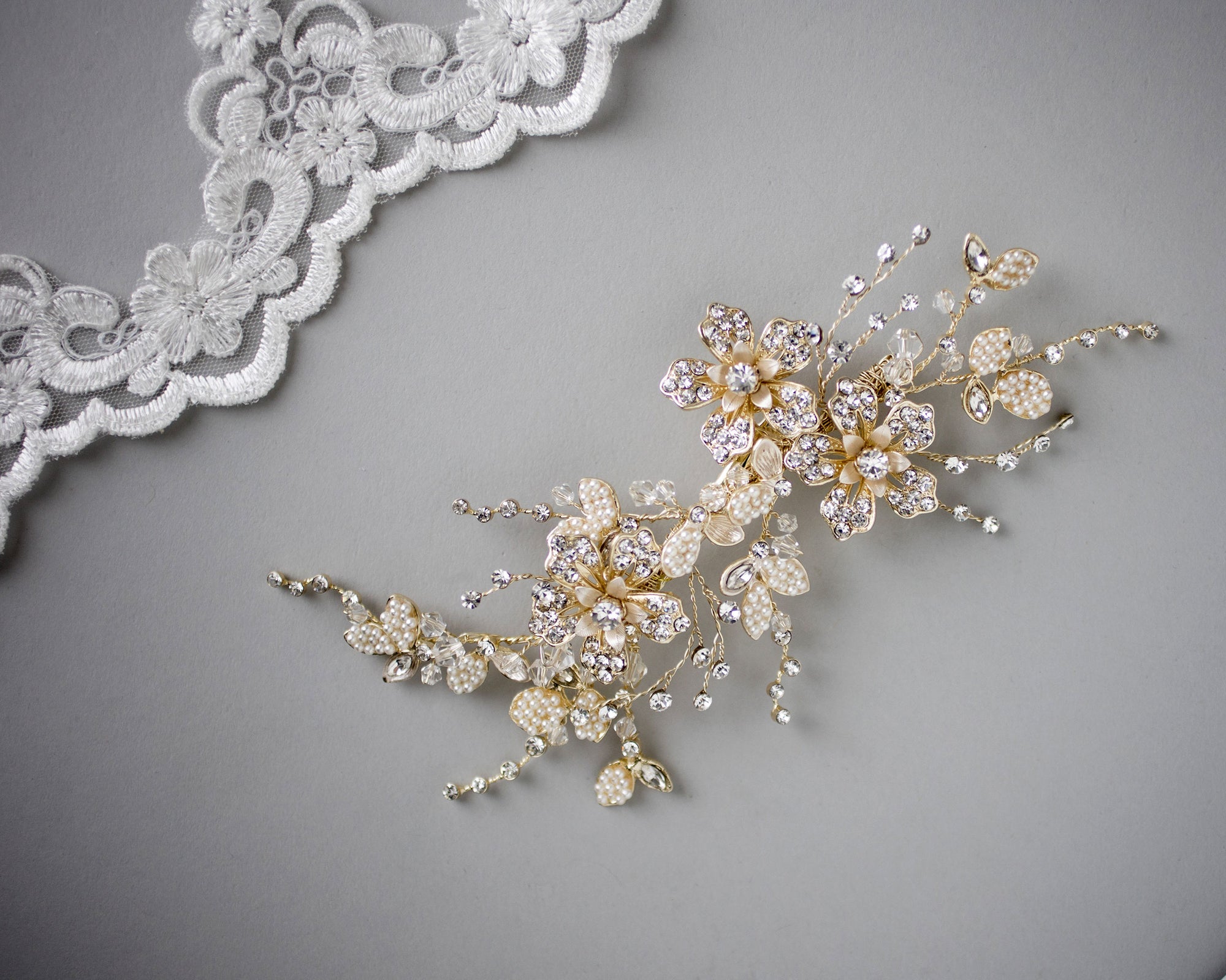 Gold Bridal Hair Clip with Pearled Leaves