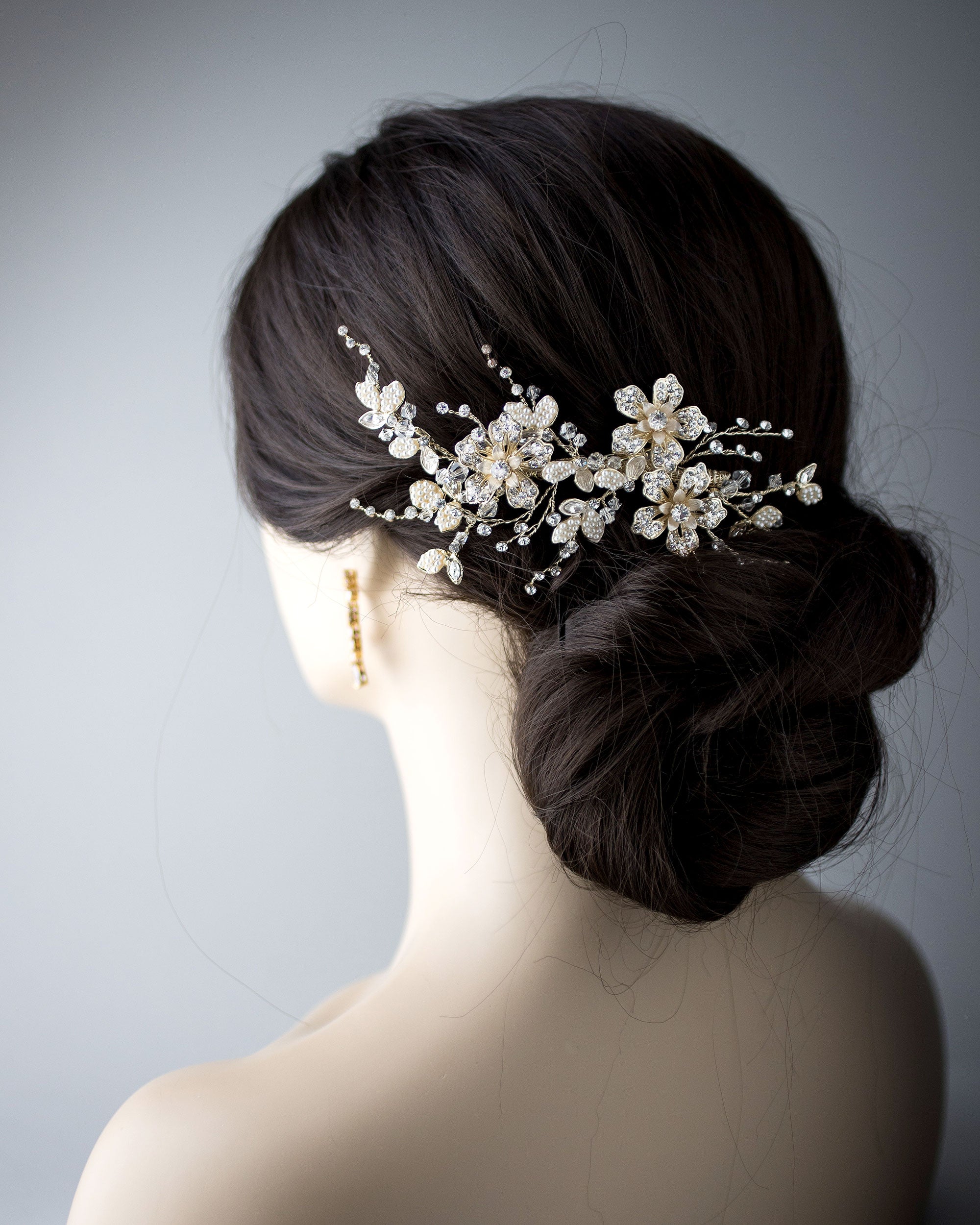 Gold Bridal Hair Clip with Pearled Leaves