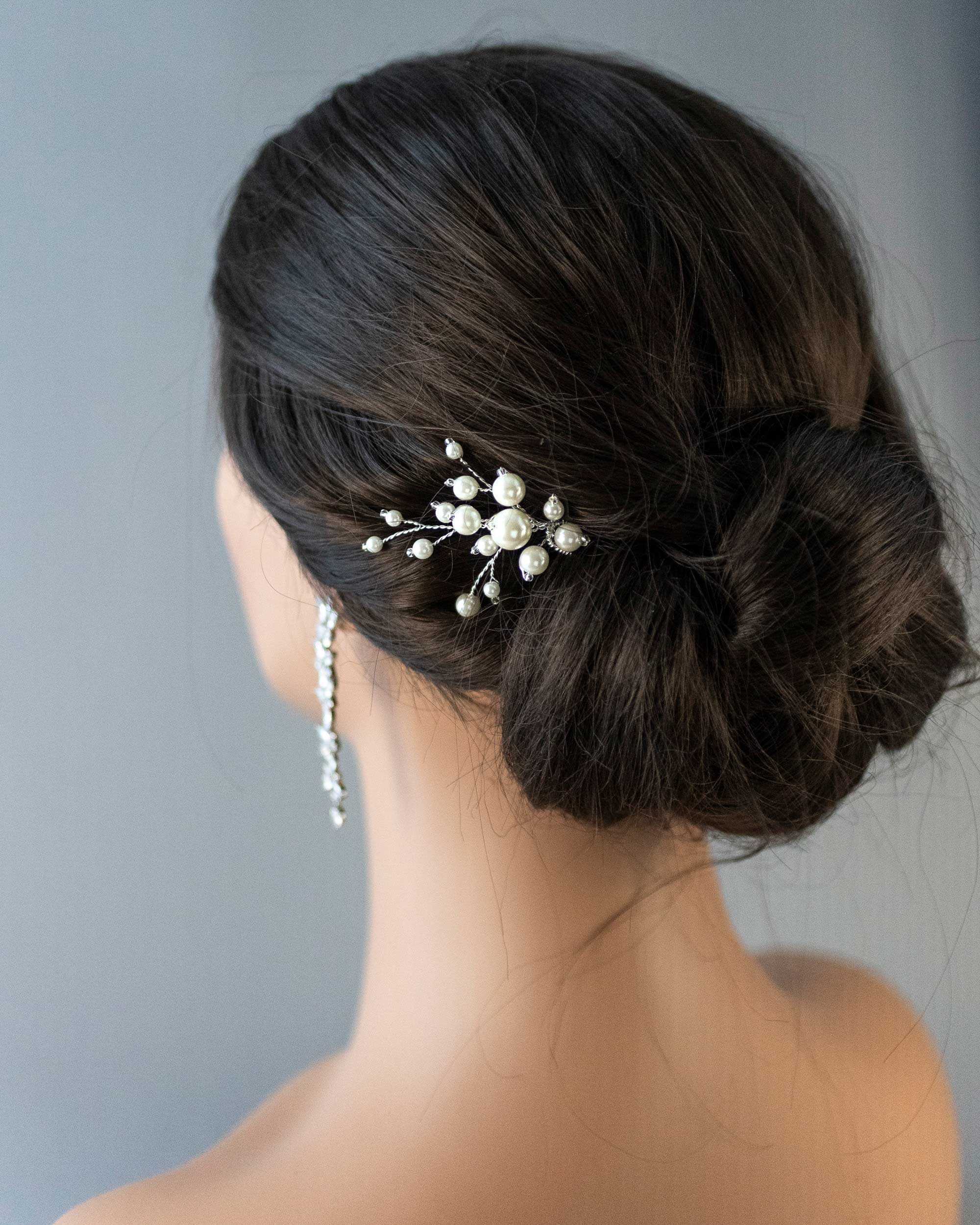 Bridal Hair Pin of Ivory Pearls and Glass Beads