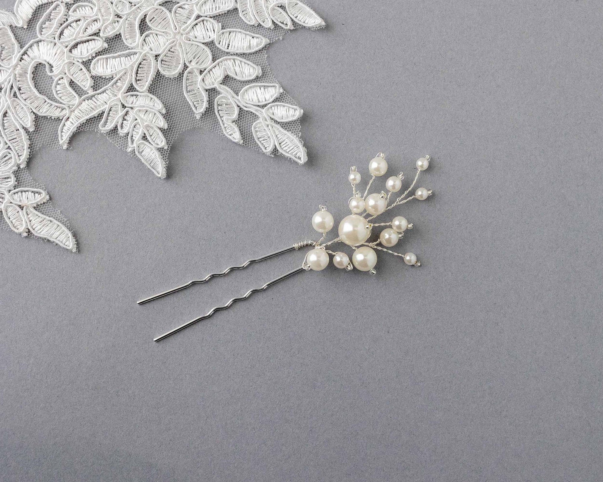 Bridal Hair Pin of Ivory Pearls and Glass Beads