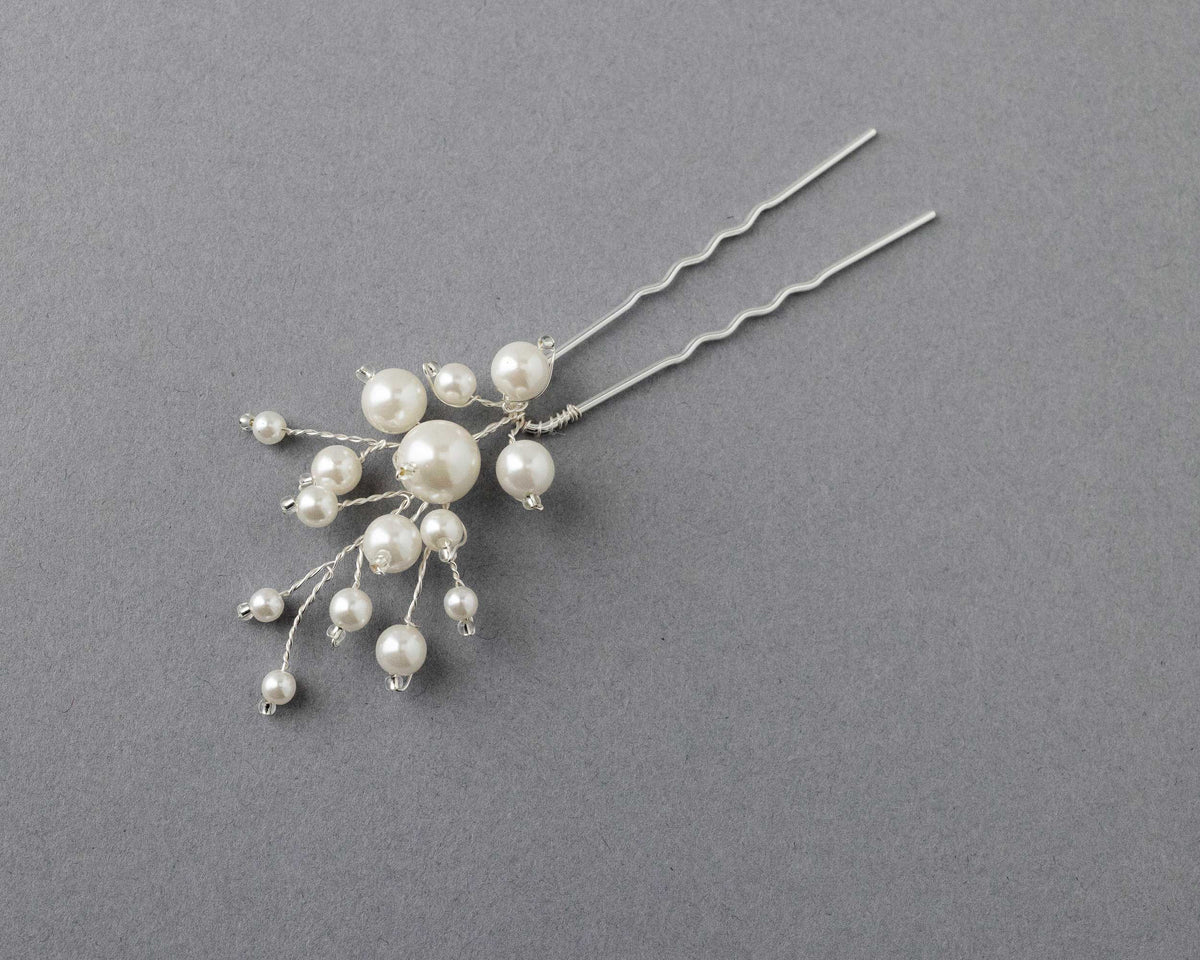 Bridal Hair Pin of Ivory Pearls and Glass Beads