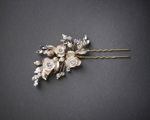 Three Porcelain Flower Wedding Hair Pin lisght gold