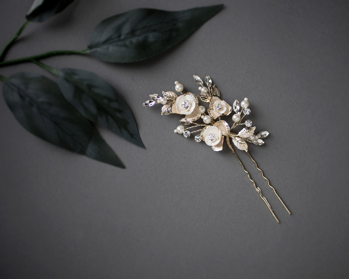 Three Porcelain Flower Wedding Hair Pin Light Gold