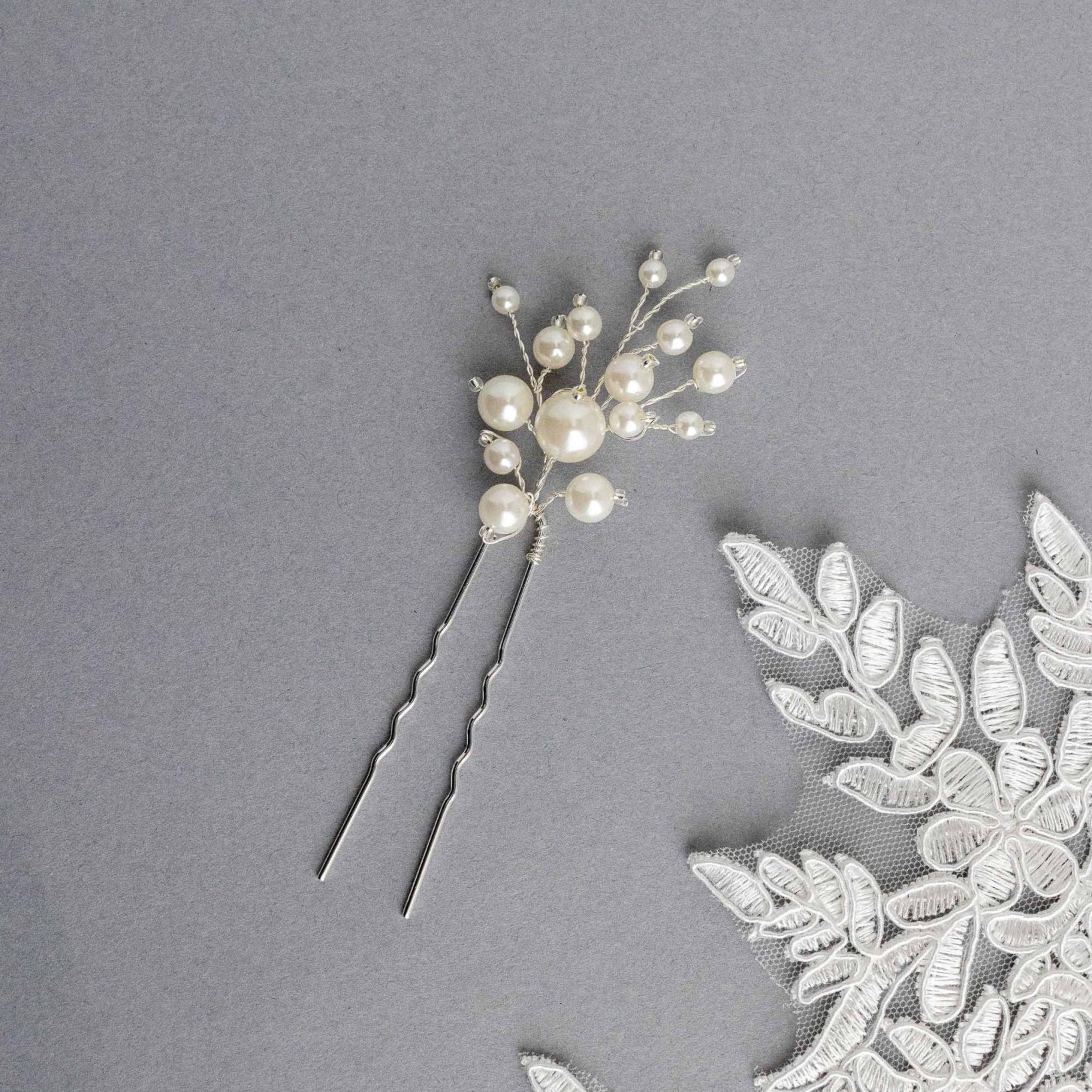 Bridal Hair Pin of Ivory Pearls and Glass Beads - Hair Pins - Cassandra Lynne