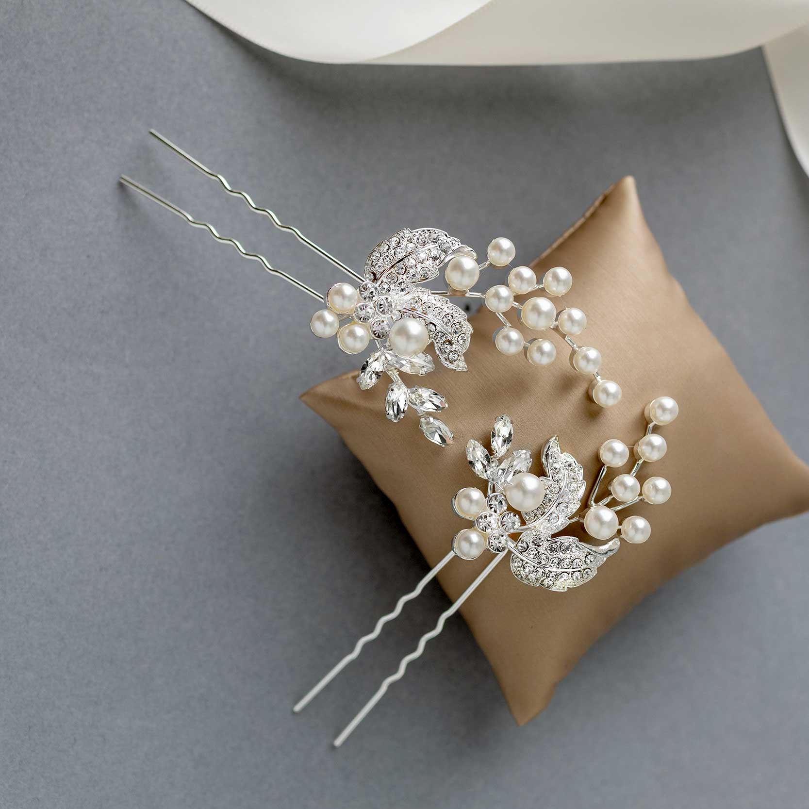 Crystal Leaves and Ivory Pearls Bridal Pin Set - Cassandra Lynne
