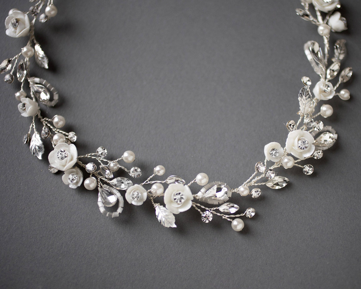 Bridal Hair Vine with Porcelain Flowers - Hair Vine - Cassandra Lynne