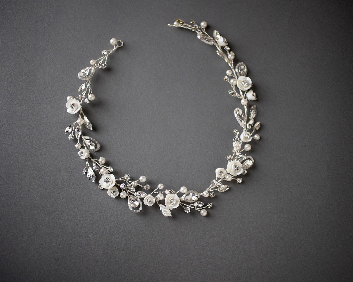 Bridal Hair Vine with Porcelain Flowers - Hair Vine - Cassandra Lynne