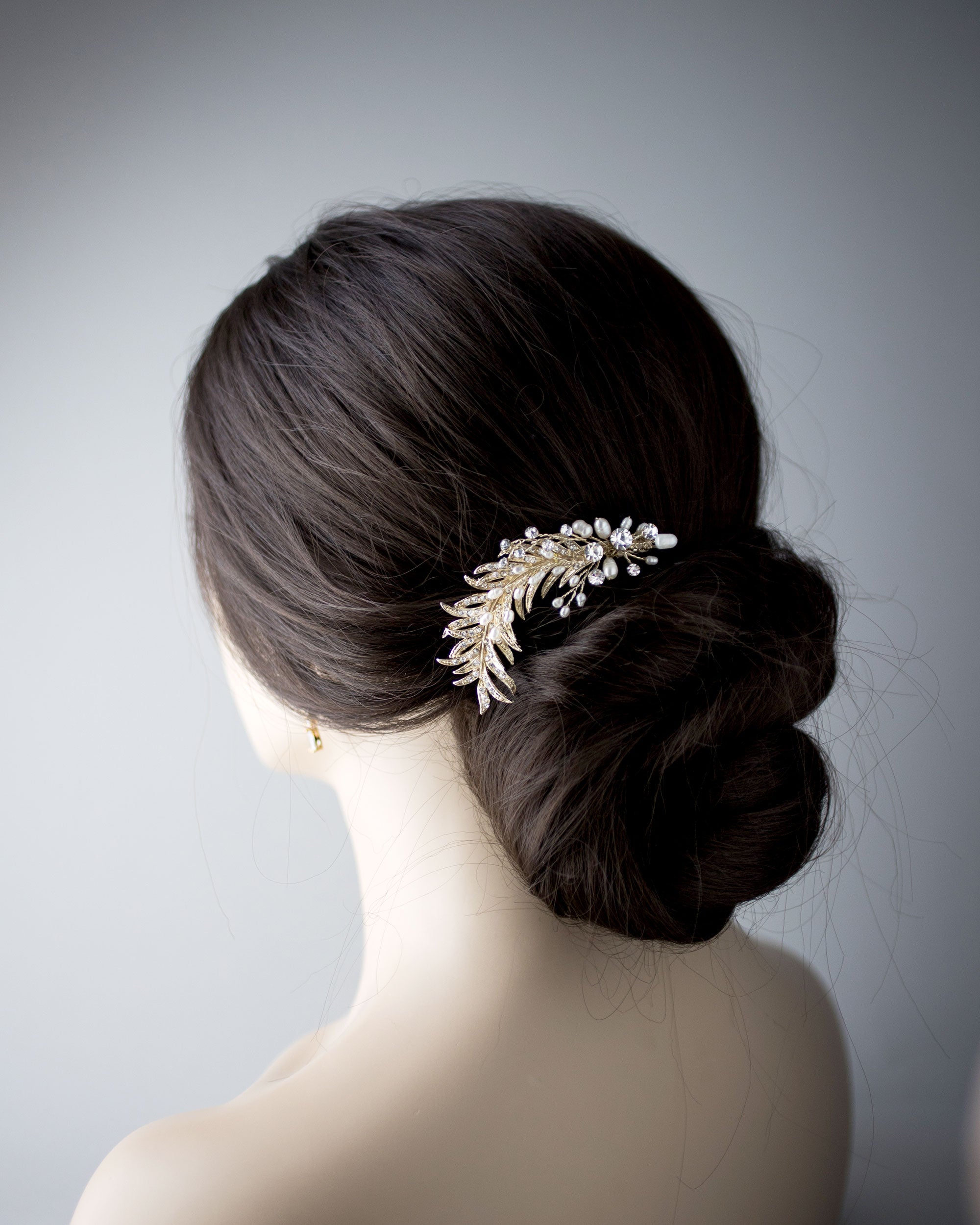 Light Gold Crystal Feather Hair Clip with Pearls